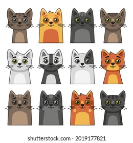 Cute Cat Face Icon Set. Cartoon Style on White Background Vector