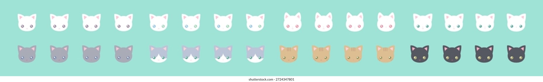 Cute cat face icon set with various fur and eye color variations