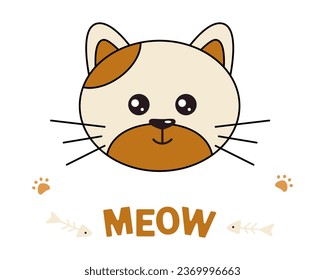 Cute cat face. Illustrations for children, stationery and more. Meow slogan. Animal print. Vector illustration