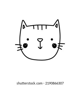 Cute cat face isolated on white background. Smiling kitten. Vector hand-drawn illustration in doodle style. Perfect for decorations, cards, logo, various designs. Simple cartoon character. 