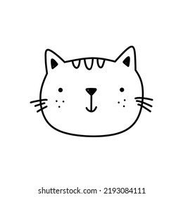 Cute cat face isolated on white background. Smiling kitten. Vector hand-drawn illustration in doodle style. Perfect for decorations, cards, logo, various designs. Simple cartoon character. 