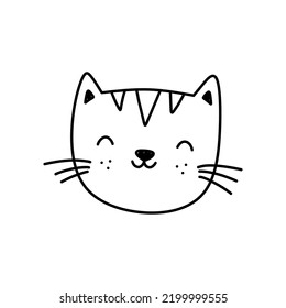 Cute-Cat-Gesicht einzeln auf weißem Hintergrund. Lächelndes Kätzchen. Vektorhandgezeichnete Illustration im Doodle-Stil. Ideal für Dekorationen, Karten, Logo, verschiedene Designs. Einfache Zeichentrickfigur. 