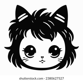 Cute cat face isolated on white background. Cartoon kitty head, vector icon. Silhouette black logo. Hand drawn sketch kitten character face in anime japanese style.