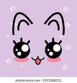 Cute cat face in kawaii style. Vector illustration of an animal.	