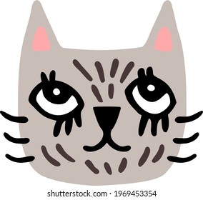 Cute cat face for kids icons. Hand drawn cartoon pet. Big-eyed gray kitty face. Striped mask with whisker. Clipart animal head for design baby patterns, print. Vector illustration of nursery character