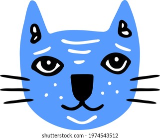 Cute cat face for kids. Sad blue kitty muzzle smiles modestly. Flat vector friendly character. Hand drawn adorable pet head for animal icons and baby avatars. Cartoon illustration of striped pussycat.