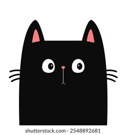 Cara de gato bonito. Gatinho com olhos tristes. Ícone de silhueta preta. Orelhas rosa. Personagem de bebê de estimação de desenhos animados. Engraçado animal kawaii. Cartão comemorativo. Impressão de adesivo. Estilo infantil Design plano Fundo branco Vetor