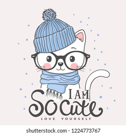 Cute Katzenface mit gestrickter Kappe, Schal, Brille. Winterzeit. Ich bin so ein lauter Slogan. Liebe dich selbst! Vektorgrafik-Design für T-Shirt-Grafiken, Modedrucke, Slogan-Tees, Poster und andere Verwendungszwecke