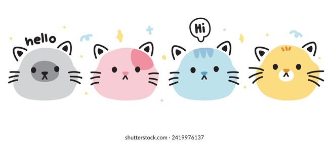 Cute cat face line hand drawn style.Collection of cute pet cartoon design.Meow lover.Image for card,poster,baby clothing.Kawaii.Vector.Illustration.