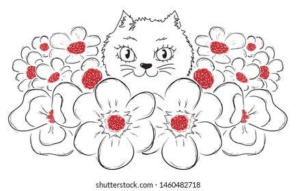 Cute cat face looking from flowers bouquet.
