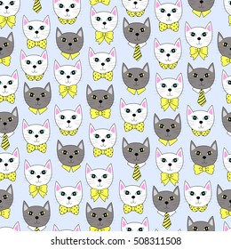 cute cat face with many shape of yellow bow ties, seamless pattern, hand drawn doodle cartoon, vector illustration