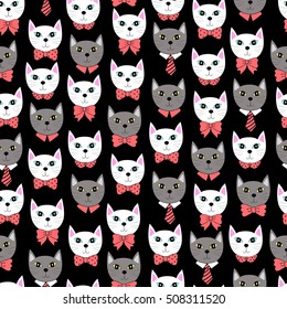 cute cat face with many shape of pink bow ties, seamless pattern, hand drawn doodle cartoon, vector illustration