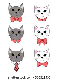 cute cat face with many shape of pink bow ties, isolated on white background, hand drawn doodle cartoon, vector illustration