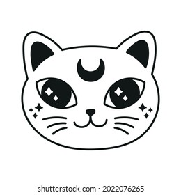 Cute cat face with moon sign. Kitty head silhouette. Vector black and white illustration