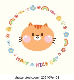 Cute cat face in nature icon frame.Pet animal character design cartoon.Banner template.Decoration.Flower,fish,yarn,heart hand drawn.Pastel.Kawaii.Vector.Illustration.