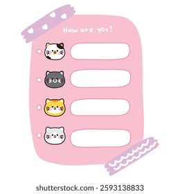 Cute cat face on paper note with tape.To do list.Stationary.Writing.Meow.Pet animal character cartoon design.Kawaii.Vector.Illustration.