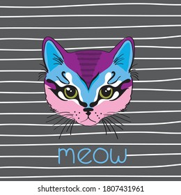 süße Katzenfläche auf gestreiftem Hintergrund, Vektorgrafik