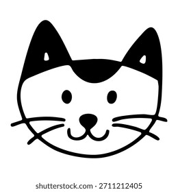 Nettes Katzengesicht im Umrissstil mit einfachen ausdrucksstarken Features. Handgezeichnete, einzelne Vektorgrafik. 