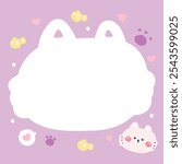 Cute cat face in paper note.Stationary template.Meow.Fish,heart,paw hand drawn.Pet animal character cartoon design.Image for card,sticker,paper sheet.Kawaii.Vector.Illustration.