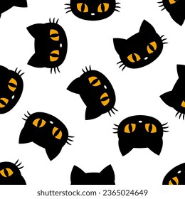 Cute cat face pattern - funny vector drawing seamless pattern. Lettering poster or t-shirt textile graphic design. Cute illustration. wallpaper, wrapping paper. Happy Halloween!