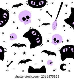 Cute cat face pattern - funny vector drawing seamless pattern. Lettering poster or t-shirt textile graphic design. Cute illustration. wallpaper, wrapping paper. Happy Halloween!