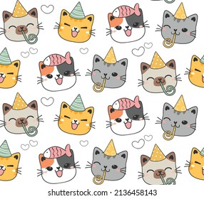 cute cat face pattern seamless background, cat faces party birthday celebration, cute pet animal doodle vector 