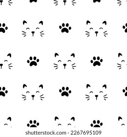 Cute cat face pattern seamless. Hand drawn sketch doodle kitty black face on white background. Cat footprint element. Cute pet pattern. Vector illustration.