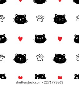 El patrón de la cara del gato lindo no tiene fisuras. Cara negra dibujada a mano doodle gatito sobre fondo blanco. Elemento de huella de gato. Patrón de mascota. Ilustración vectorial.