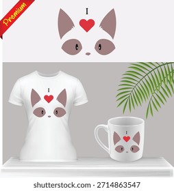 Diseño lindo del Vector de la cara y de la pata del gato en la camiseta, la taza y la maqueta de la etiqueta engomada. Adorable Animal de Mascota Gráfico para Ropa y Mercancía.