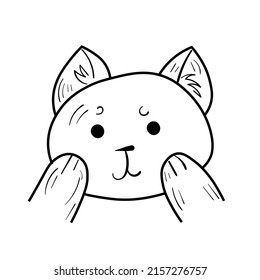 Cute Katze Gesicht mit Pfoten doodle Illustration. Tier-Vektorsymbol. Schwarze Linie Kunst auf weißem Hintergrund.
