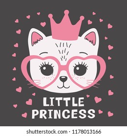 Cute cat face with pink crown, heart glasses. Little Princess slogan