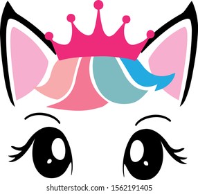 Cute Cat face with pink crown and hair vector illustration isolated on white background.Design for child card,shirt print design for girl,kid.Magic concept for birthday party
