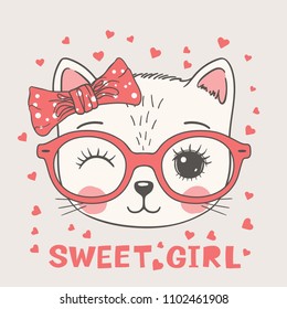 Cute cat face with pink glasses. Sweet girl slogan. Hand drawn vector illustration