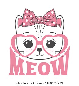 Cute cat face with pink heart glasses. Meow slogan