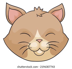 Cute cat face with quiff, closed eyes and smiling gesture, in cartoon style over white background.