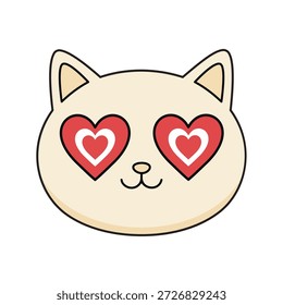 Cara linda del gato con el icono rojo de la Ilustración vectorial de los ojos en forma de corazón en estilo plano de la historieta aislado