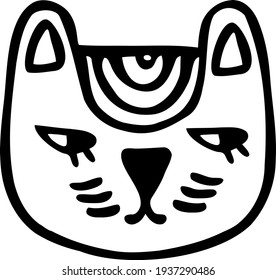 Cute cat face with round ears and fur. A funny pet for children. Cute hand-drawn animal. Secondary illustration for baby designs and icons. 