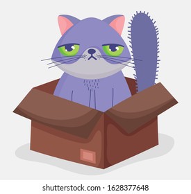 cute cat face sad in box domestic cartoon animal, pets vector illustration