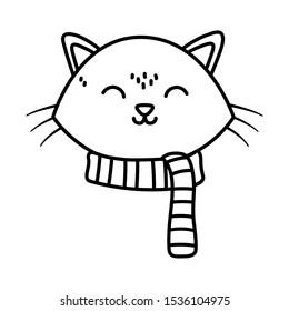 cute cat face with scarf celebration merry christmas vector illustration thick line