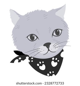 Cute cat face with scarf, flat vector.