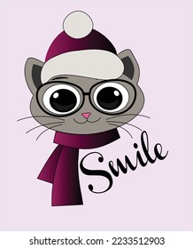  Cute cat face with a scarf spectacles and hat Fairytale theme. For fashion fabric design, t-shirt prints, cups, stickers, postcards. Vector