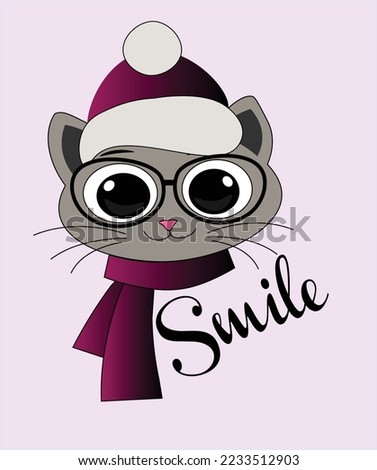  Cute cat face with a scarf spectacles and hat Fairytale theme. For fashion fabric design, t-shirt prints, cups, stickers, postcards. Vector