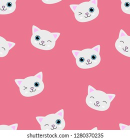 cute cat face seamless patten on pink background. character flat cartoon.vector