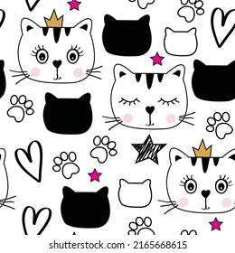 Cute cat face seamless pattern vector illustration.