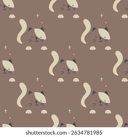 Cute cat face seamless pattern. Cat on light brown background. Texture pattern doodle domestic pet. Design for fashion, background, fabric, wallpaper, wrapping, card. flat vector illustration