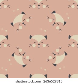Cute cat face seamless pattern. Cat sleeping and dreaming. Texture pattern doodle domestic pet. Design for fashion, background, fabric, wallpaper, wrapping, card. flat vector illustration
