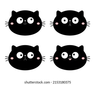 Cute cat face set. Funny cartoon characters. Emotion collection. Happy, surprised, crying, sad angry, smiling. Black silhouette sticker. White background Isolated. Flat design. Vector illustration