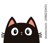 Cute cat face silhouette. Big eyes, pink nose, ears. Cartoon baby pet character. Black peeking kitten head. Kawaii funny animal. Greeting card. Sticker print. Flat design. White background. Vector