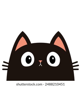 Cute cat face silhouette. Big eyes, pink nose, ears. Cartoon baby pet character. Black peeking kitten head. Kawaii funny animal. Greeting card. Sticker print. Flat design. White background. Vector