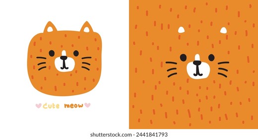 Cute cat face soft hair hand drawn.Home pet head animal character cartoon design.Kid graphic.Image for card,poster,print screen,baby clothing,T-shirt,sticker.Kawaii.Vector.Illustration.